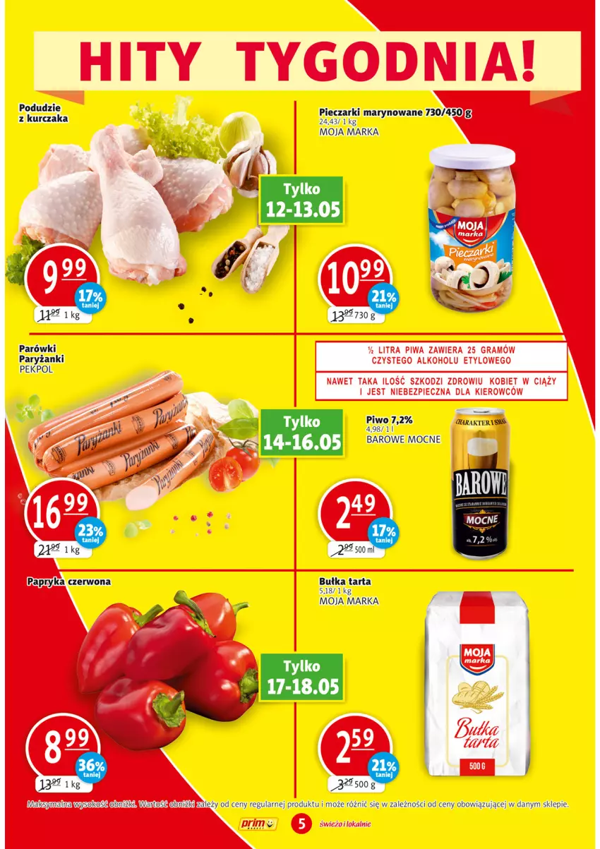 Gazetka promocyjna Prim Market - ważna 12.05 do 18.05.2022 - strona 5 - produkty: Bułka, Bułka tarta, Kurczak, Parówki, Pekpol, Piec, Piwo, Podudzie z kurczaka, Ryż, Sok, Tarta