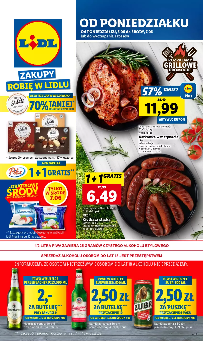 Gazetka promocyjna Lidl - GAZETKA - ważna 05.06 do 07.06.2023 - strona 1 - produkty: Gra, Grill, Kiełbasa, Kiełbasa śląska, Lody, Mozzarella, NBA, PIKOK, Piwa, Piwo, Ser