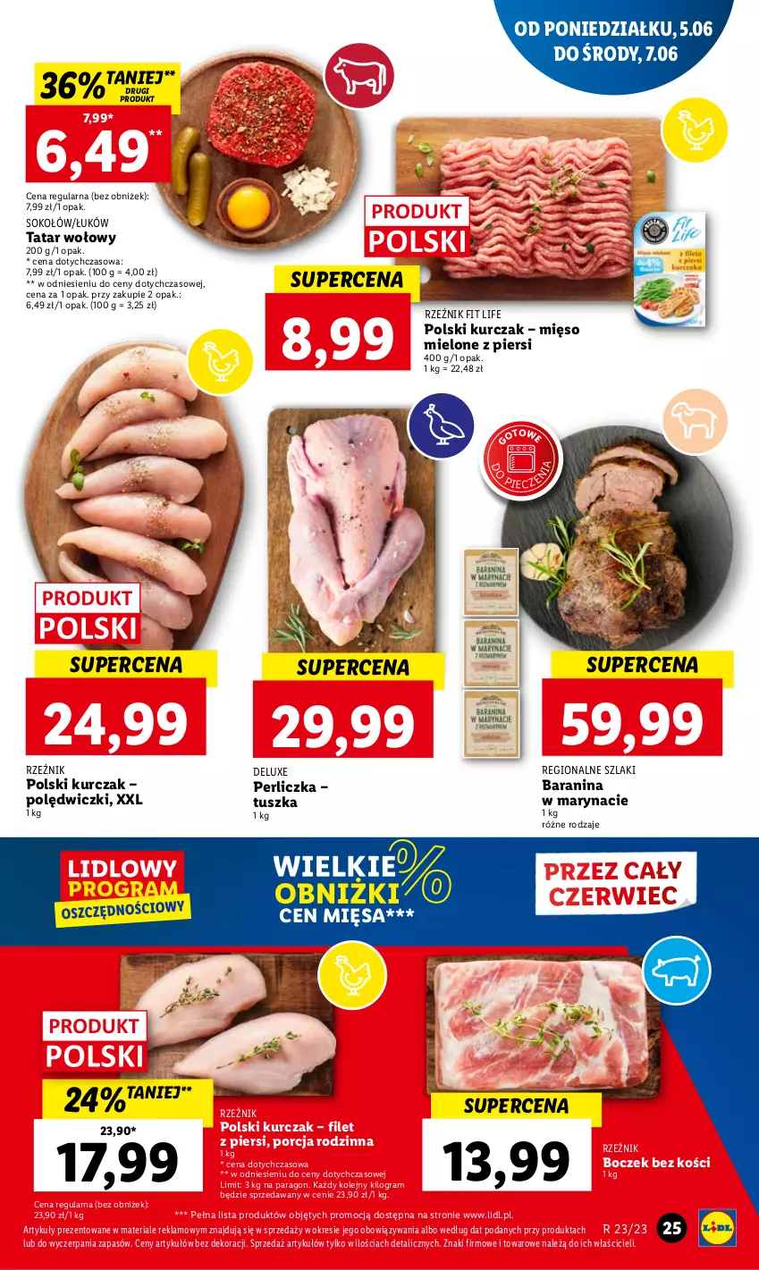 Gazetka promocyjna Lidl - GAZETKA - ważna 05.06 do 07.06.2023 - strona 29 - produkty: Boczek, Boczek bez kości, Gra, Kurczak, Mięso, Mięso mielone, Olej, Perliczka, Piec, Por, Sok, Sokołów, Tatar wołowy, Tusz