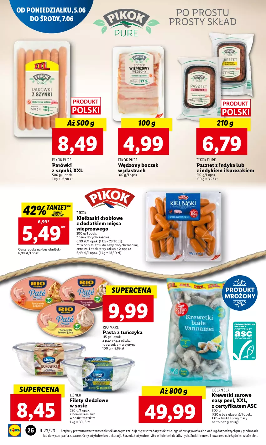 Gazetka promocyjna Lidl - GAZETKA - ważna 05.06 do 07.06.2023 - strona 30 - produkty: Boczek, Cytryny, Krewetki, Kurczak, Lazur, Lisner, Parówki, Parówki z szynki, Pasztet, Pasztet z indyka, PIKOK, Pur, Rio Mare, Sok, Sos, Tuńczyk