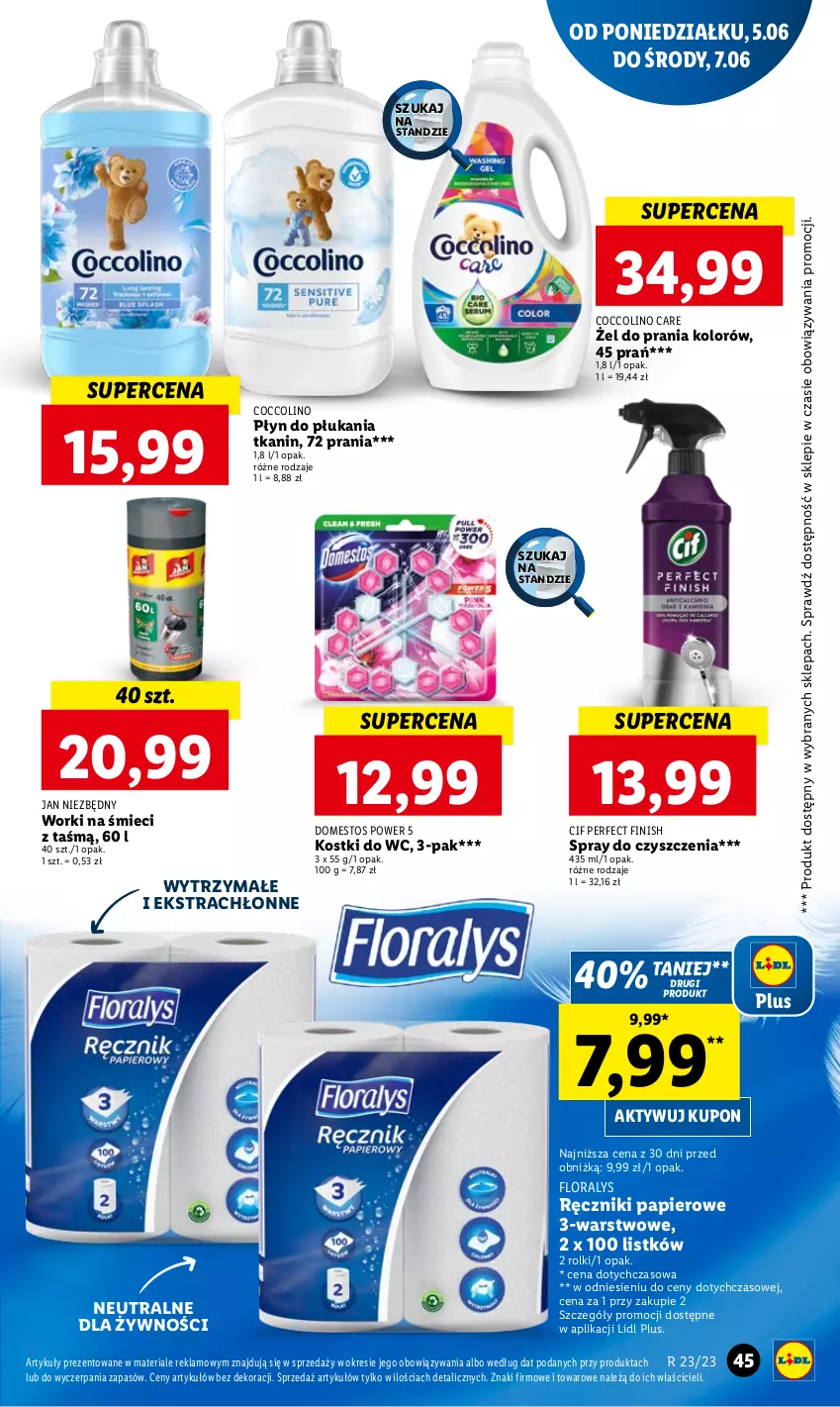 Gazetka promocyjna Lidl - GAZETKA - ważna 05.06 do 07.06.2023 - strona 49 - produkty: Cif, Coccolino, Domestos, Finish, Flora, Jan Niezbędny, Papier, Płyn do płukania, Ręcznik, Ręczniki papierowe, Rolki, Spray do czyszczenia, Worki na śmiec, Worki na śmieci