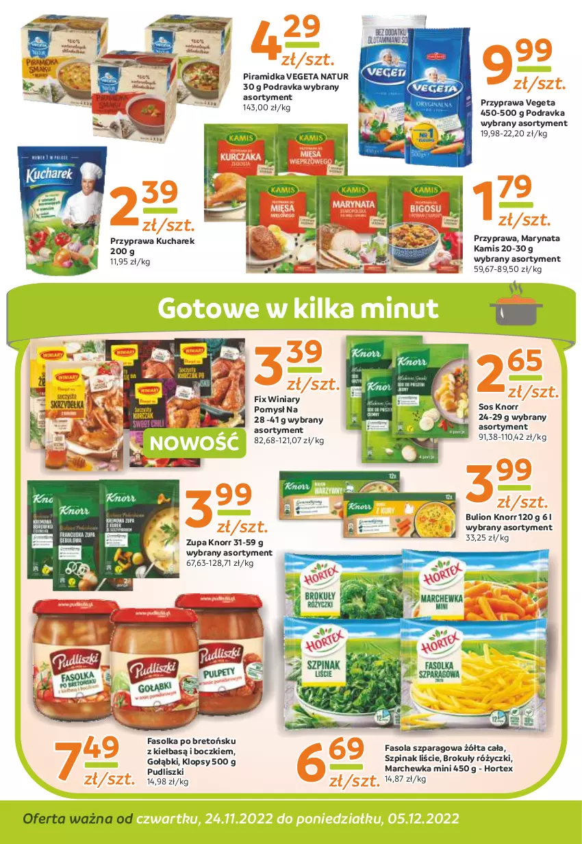 Gazetka promocyjna Gama - Gazetka Gama - ważna 05.12.2022 do 24.11.2023 - strona 8 - produkty: Brokuły, Bulion, Fa, Fasola, Fasola szparagowa, Hortex, Kamis, Knorr, Kucharek, Lion, Marchewka, Podravka, Pudliszki, Sos, Szpinak, Vegeta, Vegeta Natur, Winiary, Zupa