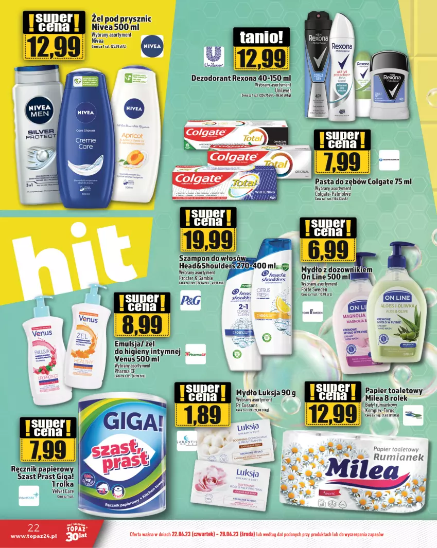 Gazetka promocyjna Topaz - Gazetka - ważna 22.06 do 28.06.2023 - strona 22 - produkty: Colgate, Dezodorant, Dozownik, Emulsja, Gin, LG, Luksja, Mydło, Nivea, Palmolive, Papier, Papier toaletowy, Pasta do zębów, Ręcznik, Rexona, Rum, Szampon, Velvet, Venus