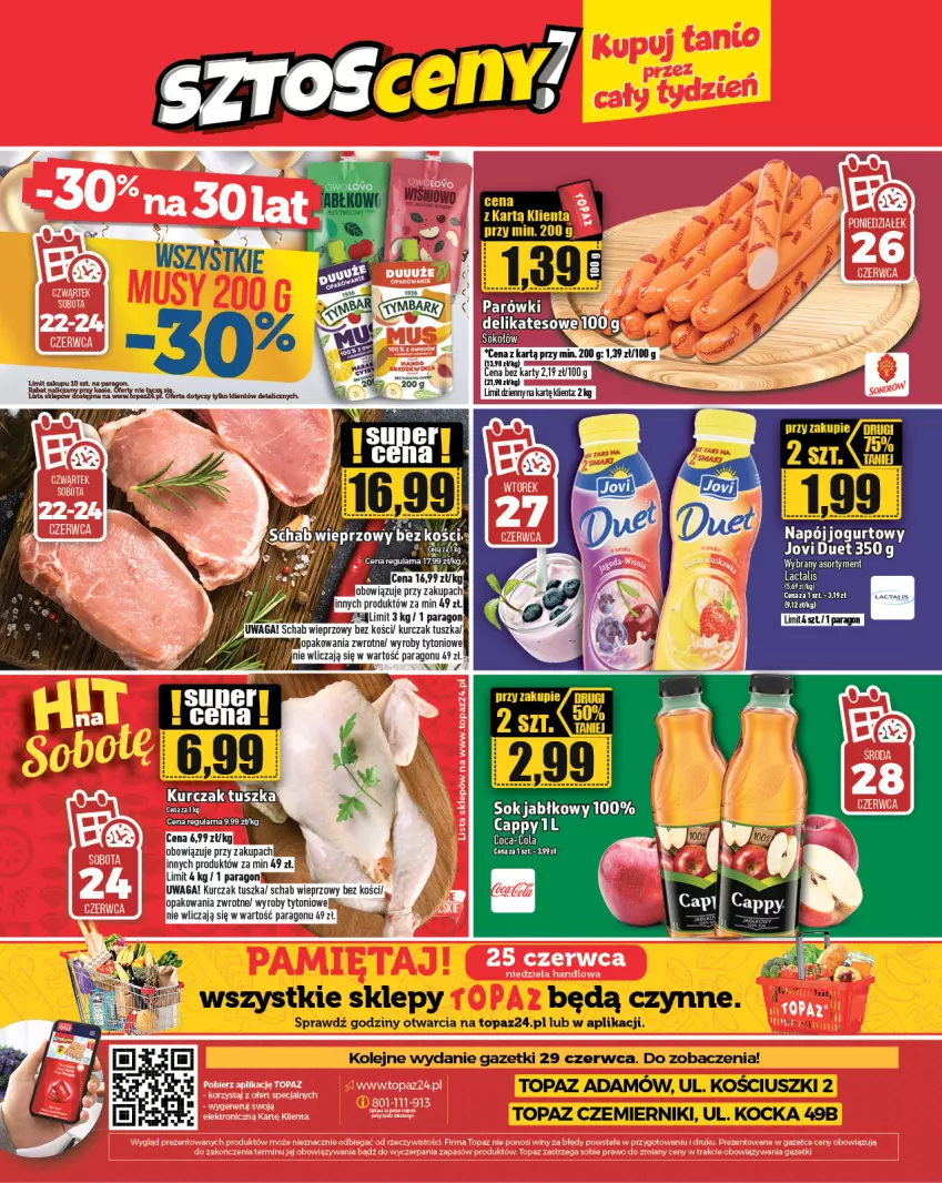 Gazetka promocyjna Topaz - Gazetka - ważna 22.06 do 28.06.2023 - strona 24 - produkty: Cappy, Coca-Cola, Jogurt, Koc, Kurczak, Napój, Napój jogurtowy, Olej, Schab wieprzowy, Sok, Sok jabłkowy, Top, Tusz, Waga