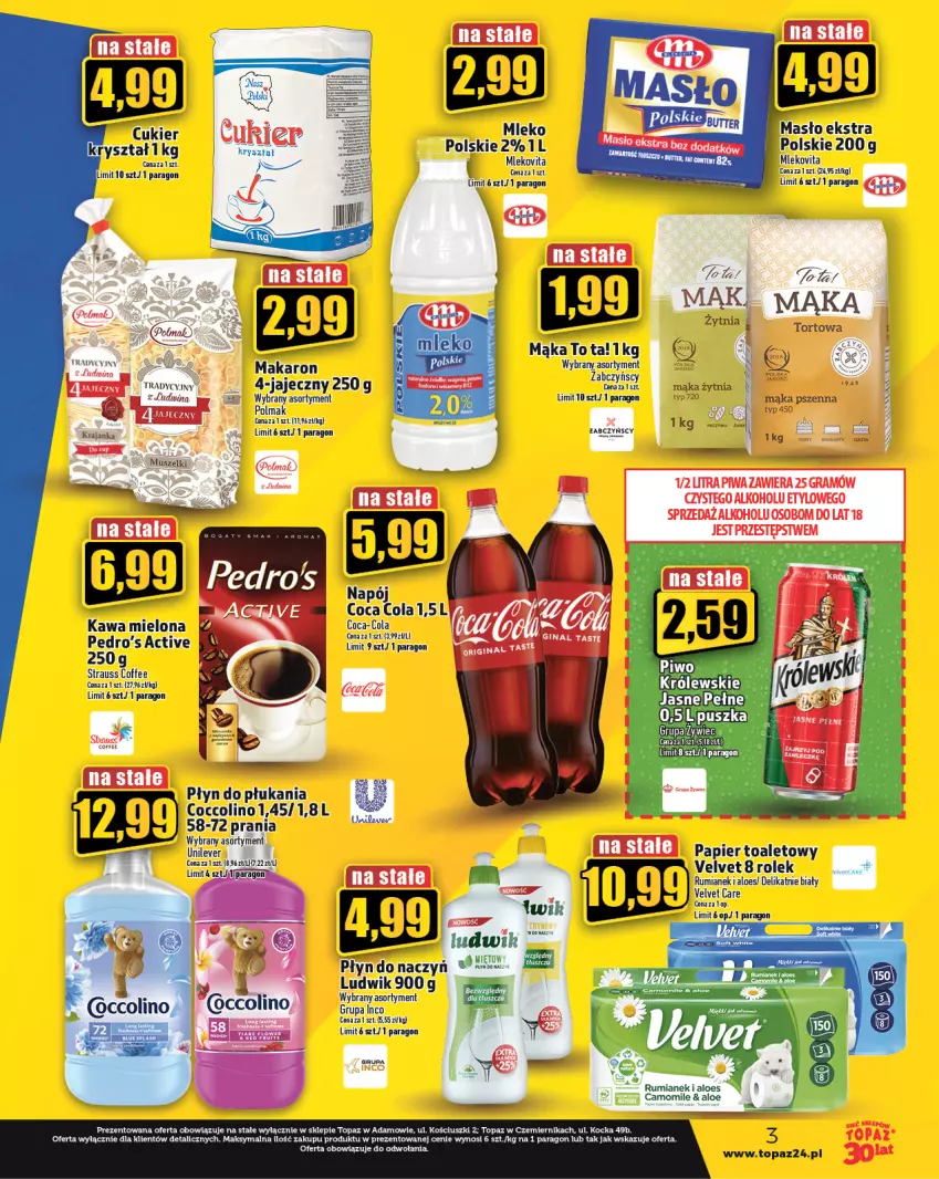 Gazetka promocyjna Topaz - Gazetka - ważna 22.06 do 28.06.2023 - strona 3 - produkty: Coccolino, Kawa, Kawa mielona, Koc, Królewski, LG, Ludwik, Mąka, Mąka pszenna, Makaron, Masło, Mleko, Mlekovita, Mus, Papier, Papier toaletowy, Piwo, Płyn do płukania, Por, Rum, Top, Velvet, Vita C