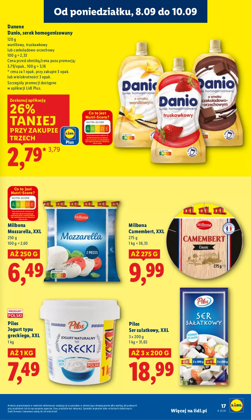Gazetka promocyjna Lidl - GAZETKA - ważna 08.09 do 10.09.2025 - strona 19 - produkty: Camembert, Danio, Danone, Jogurt, Mozzarella, Pilos, Sałat, Ser, Serek, Serek homogenizowany, Wazon