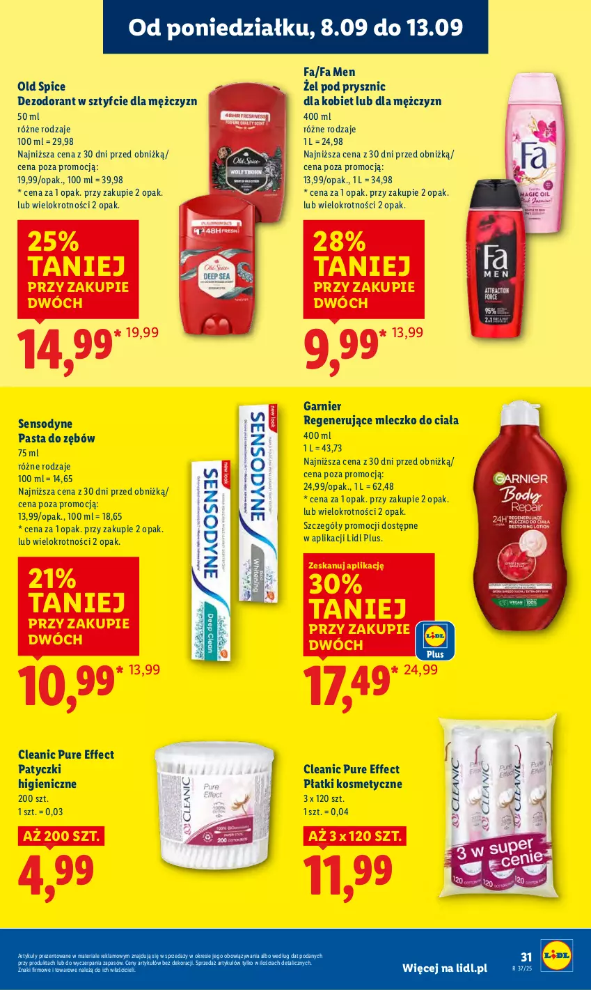 Gazetka promocyjna Lidl - GAZETKA - ważna 08.09 do 10.09.2025 - strona 33 - produkty: Cleanic, Dezodorant, Fa, Garnier, Mleczko, Mleczko do ciała, Old Spice, Pasta do zębów, Płatki kosmetyczne, Pur, Sensodyne