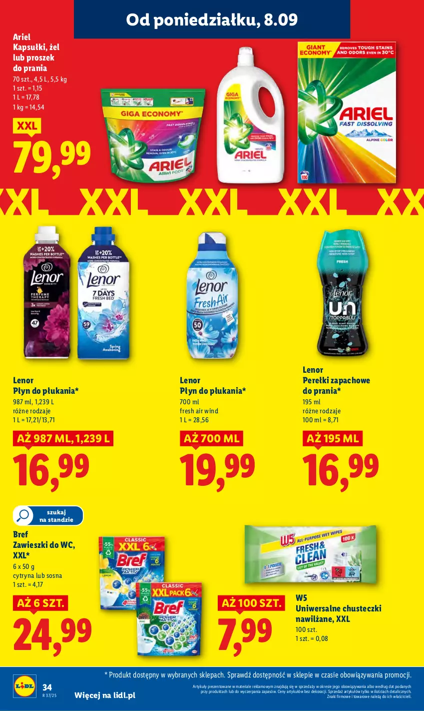 Gazetka promocyjna Lidl - GAZETKA - ważna 08.09 do 10.09.2025 - strona 36 - produkty: Ariel, Bref, Chusteczki, Lenor, Perełki zapachowe, Płyn do płukania, Proszek do prania, Sos, Zawieszki