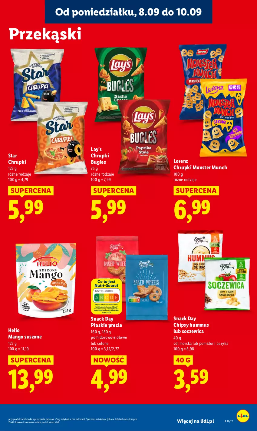 Gazetka promocyjna Lidl - GAZETKA - ważna 08.09 do 10.09.2025 - strona 53 - produkty: Bazyl, Bazylia, Chipsy, Chrupki, Helio, Hummus, Lay’s, Lorenz, Mango, Mango suszone, Monster Munch, Mus, Precle, Sól, Wazon