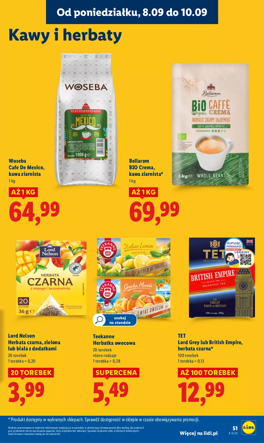 Gazetka promocyjna Lidl - GAZETKA - ważna 08.09 do 10.09.2025 - strona 55 - produkty: Bell, Bella, Brit, Herbata, Herbata czarna, Kawa, Kawa ziarnista, Teekanne, Torebka, Woseba