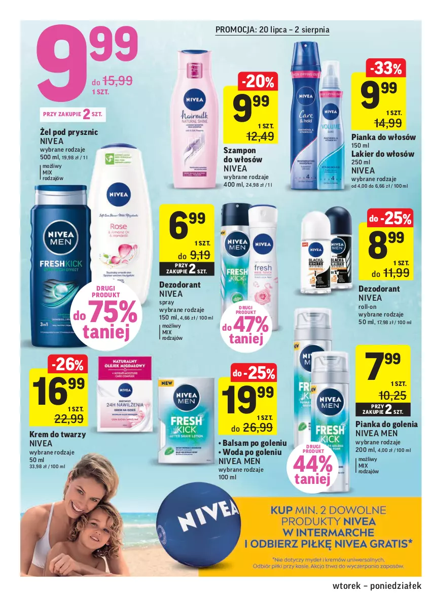 Gazetka promocyjna Intermarche - Gazetka promocyjna - ważna 20.07 do 26.07.2021 - strona 32 - produkty: Balsam po goleniu, Dezodorant, Krem do twarzy, Lakier, Lakier do włosów, Nivea, Nivea Men, Pianka do golenia, Pianka do włosów, Szampon, Woda, Woda po goleniu