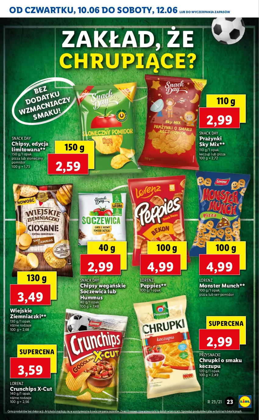 Gazetka promocyjna Lidl - GAZETKA - ważna 10.06 do 12.06.2021 - strona 23 - produkty: Chipsy, Chrupki, Crunchips, Hummus, Lorenz, Monster Munch, Mus, Pizza, Przysnacki, Ser