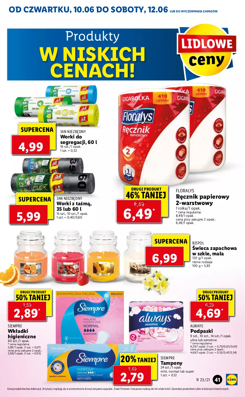 Gazetka promocyjna Lidl - GAZETKA - ważna 10.06 do 12.06.2021 - strona 41 - produkty: Always, Flora, Jan Niezbędny, Papier, Podpaski, Ręcznik, Tampony, Wkładki