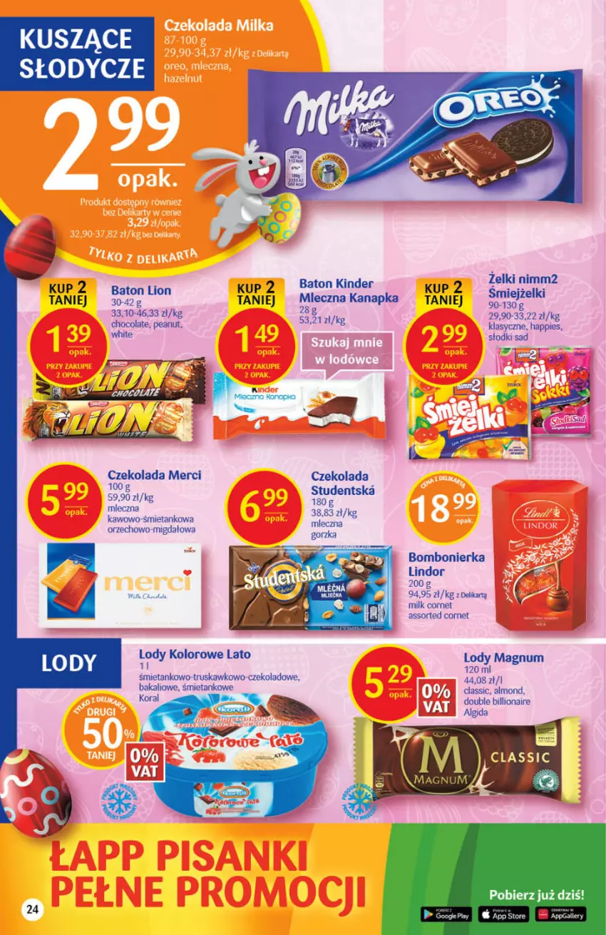 Gazetka promocyjna Delikatesy Centrum - Gazetka DC12 - ważna 24.03 do 30.03.2022 - strona 24 - produkty: Algida, Baton, Czekolada, LG, Lindor, Lion, Lody, Merci, Miecz, Mleczna kanapka, Nimm2