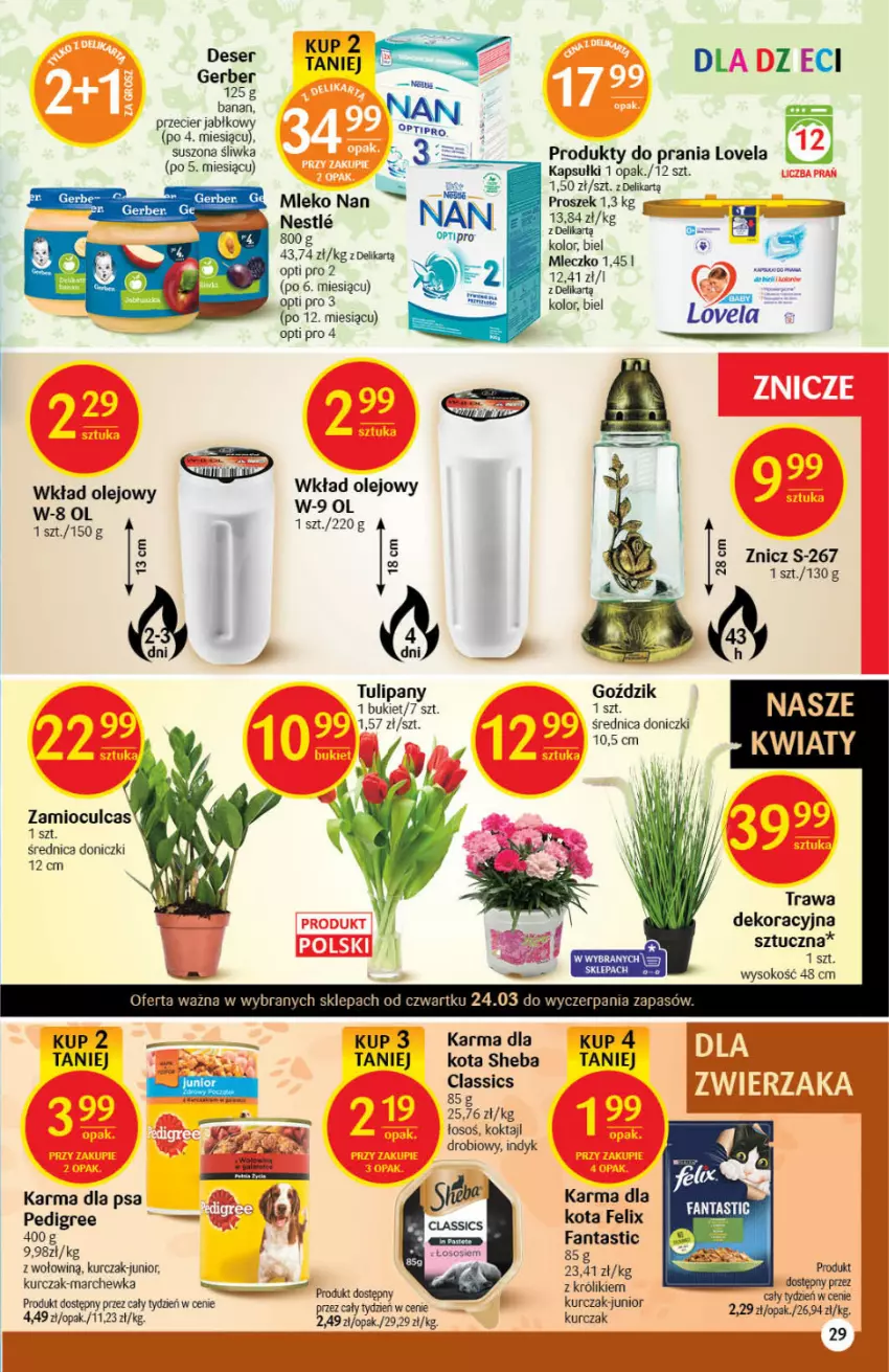 Gazetka promocyjna Delikatesy Centrum - Gazetka DC12 - ważna 24.03 do 30.03.2022 - strona 29 - produkty: Bukiet, Deser, Fa, Fanta, Felix, Gerber, Kurczak, Lovela, Marchewka, Mleczko, Mleko, Olej, Pedigree, Ser, Sheba, Sok, Tulipan, Wkład olejowy, Znicz