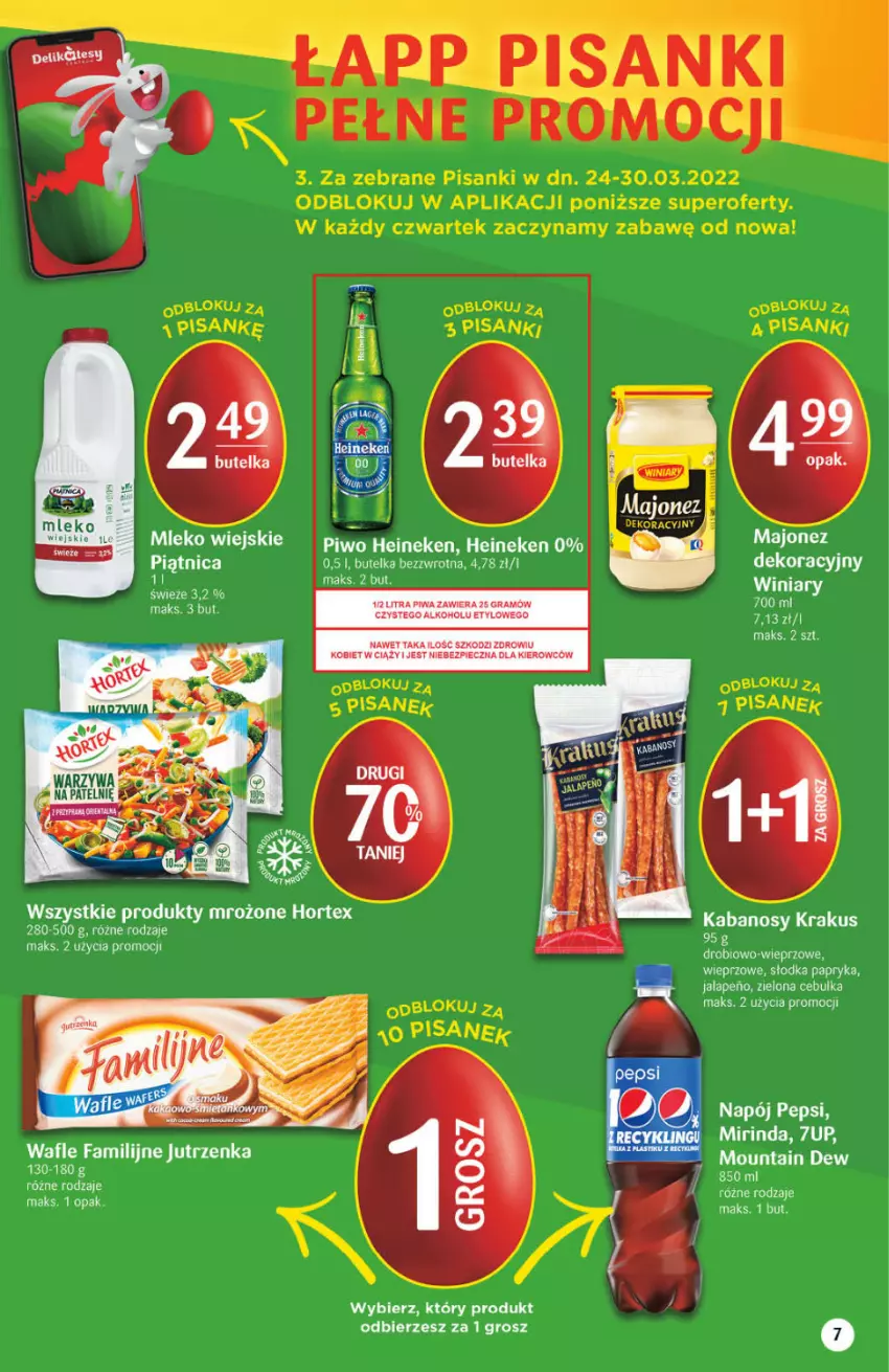 Gazetka promocyjna Delikatesy Centrum - Gazetka DC12 - ważna 24.03 do 30.03.2022 - strona 7 - produkty: 7up, Fa, Heineken, Hortex, Jutrzenka, Kabanos, Krakus, Majonez, Mirinda, Mleko, Napój, Papryka, Pepsi, Piątnica, Piwo, Produkty mrożone, Sanki, Wafle