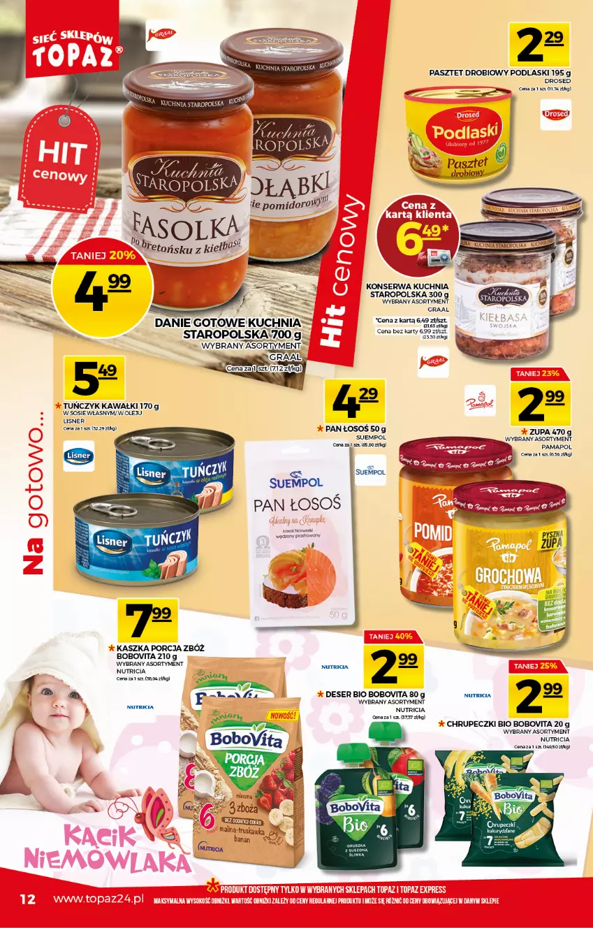 Gazetka promocyjna Topaz - Gazetka - ważna 29.04 do 05.05.2021 - strona 12 - produkty: BoboVita, Danie gotowe, Deser, Fa, Gra, Graal, Kawa, Kuchnia, Kuchnia Staropolska, Lisner, Olej, Pasztet, Podlaski, Por, Ser, Sos, Suempol, Tuńczyk, Zupa