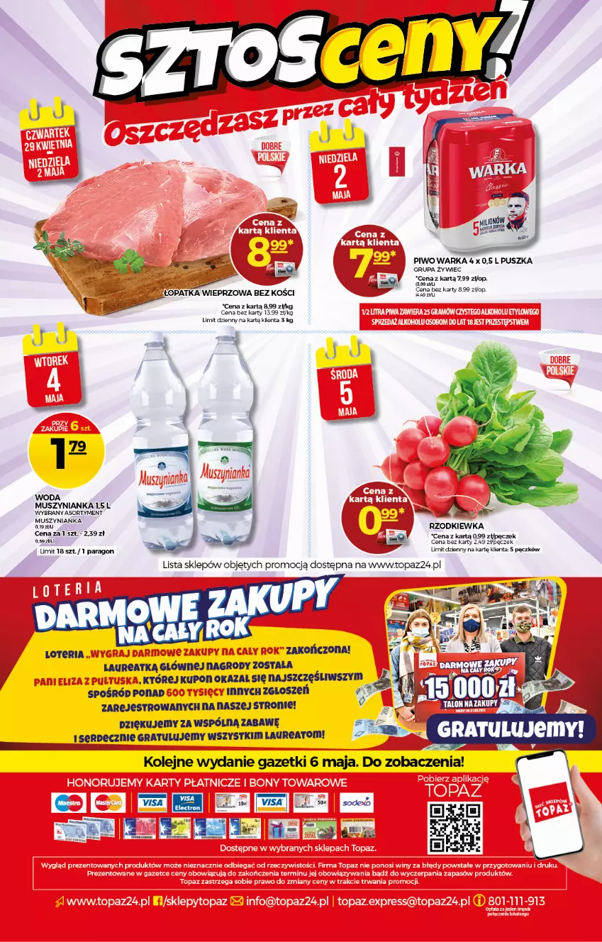 Gazetka promocyjna Topaz - Gazetka - ważna 29.04 do 05.05.2021 - strona 20 - produkty: Gra, Laur, Mus, Muszynianka, Olej, Piwo, Rzodkiewka, Ser, Warka, Woda