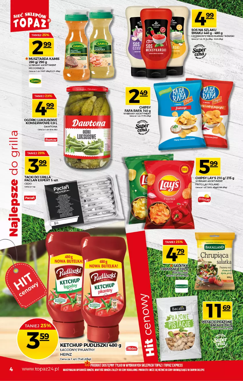 Gazetka promocyjna Topaz - Gazetka - ważna 29.04 do 05.05.2021 - strona 4 - produkty: Chipsy, Dawtona, Fa, Grill, Heinz, Kamis, Ketchup, Mus, Musztarda, Pudliszki, Sałat, Sałatka, Ser, Sos