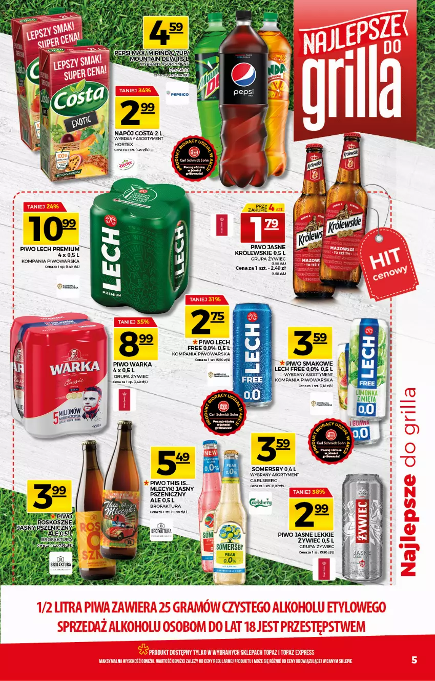 Gazetka promocyjna Topaz - Gazetka - ważna 29.04 do 05.05.2021 - strona 5 - produkty: Carlsberg, Fa, Hortex, Królewski, Lech Premium, Napój, Piwo, Piwo jasne, Somersby, Warka