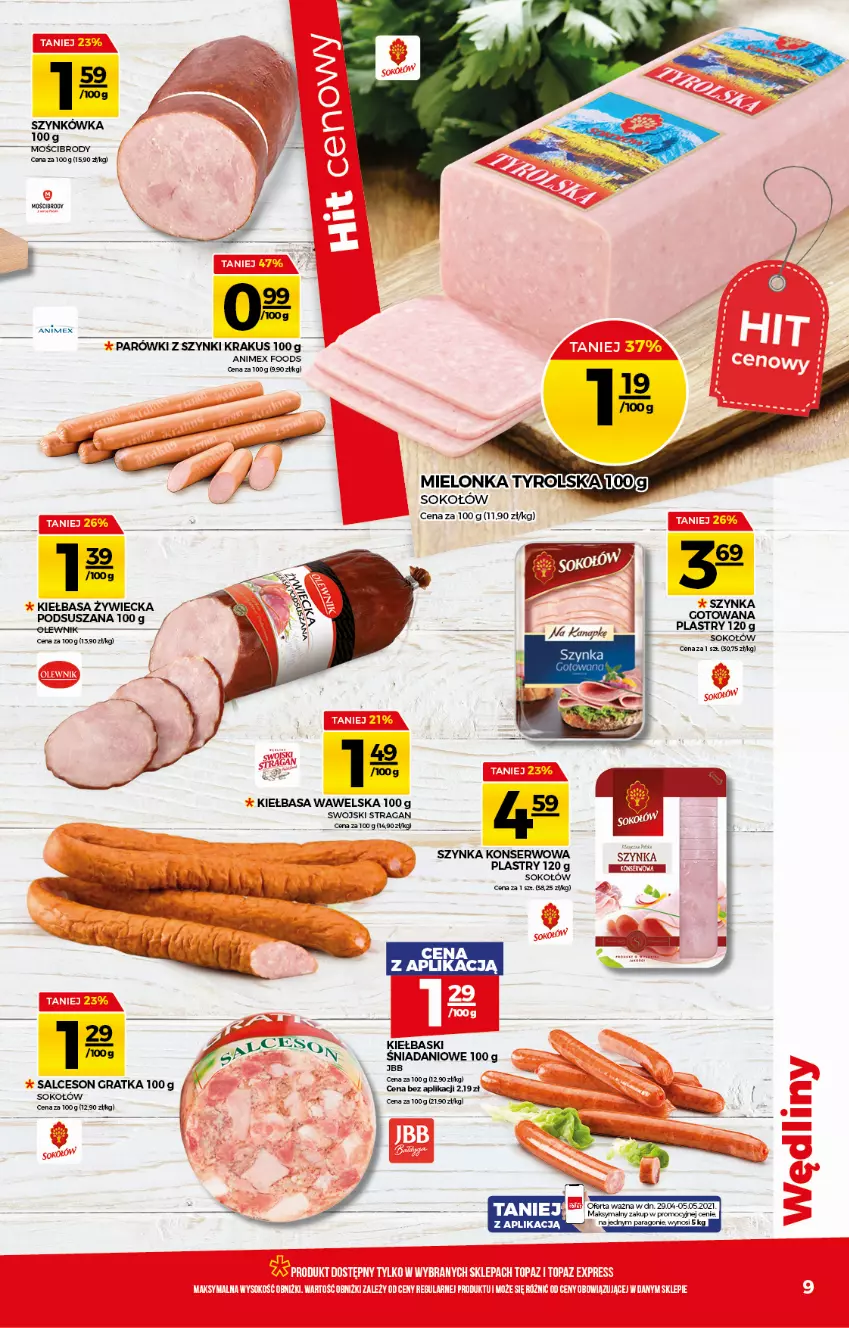 Gazetka promocyjna Topaz - Gazetka - ważna 29.04 do 05.05.2021 - strona 9 - produkty: Danio, Gra, Kiełbasa, Krakus, Parówki, Parówki z szynki, Salceson, Ser, Sok, Sokołów, Szynka, Szynka konserwowa, Wawel