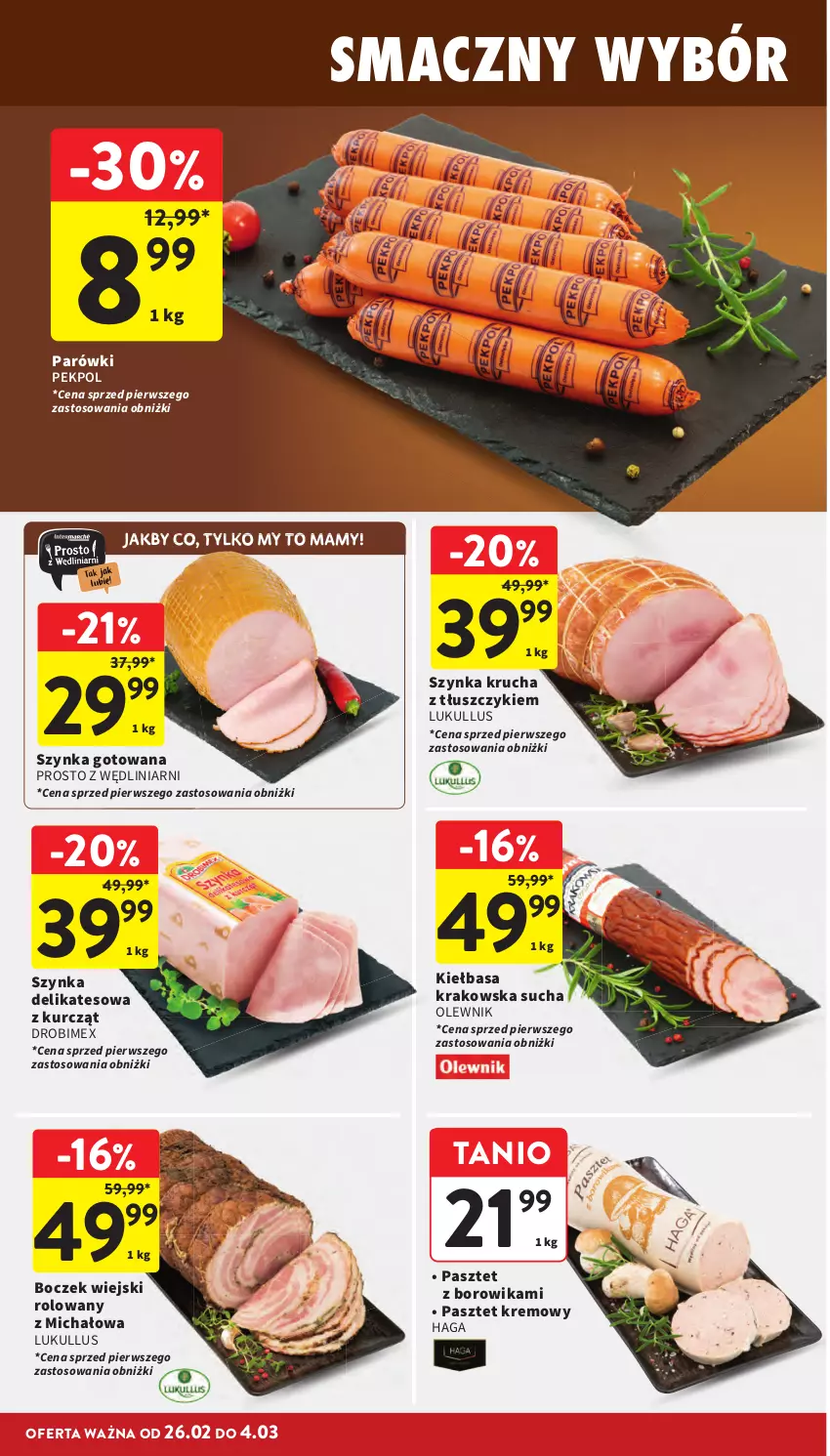 Gazetka promocyjna Intermarche - Gazetka Intermarche - ważna 26.02 do 04.03.2026 - strona 16 - produkty: Boczek, Drobimex, Kiełbasa, Kiełbasa krakowska, Olewnik, Parówki, Pasztet, Pekpol, Szynka, Szynka delikatesowa