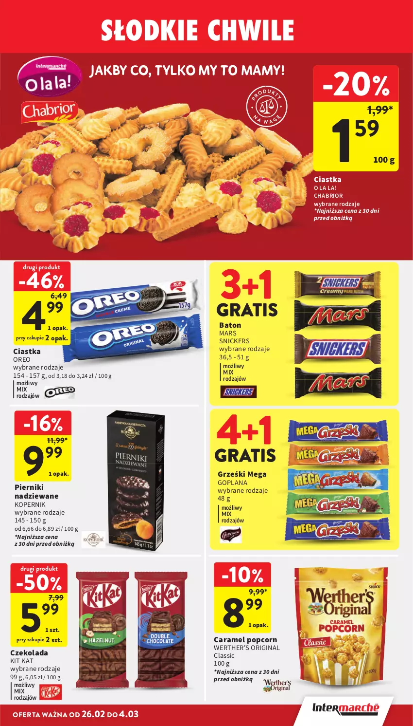 Gazetka promocyjna Intermarche - Gazetka Intermarche - ważna 26.02 do 04.03.2026 - strona 27 - produkty: Baton, Chabrior, Ciastka, Czekolada, Gin, Goplana, Gra, Grześki, Kit Kat, LANA, Mars, Oreo, Piernik, Popcorn, Snickers