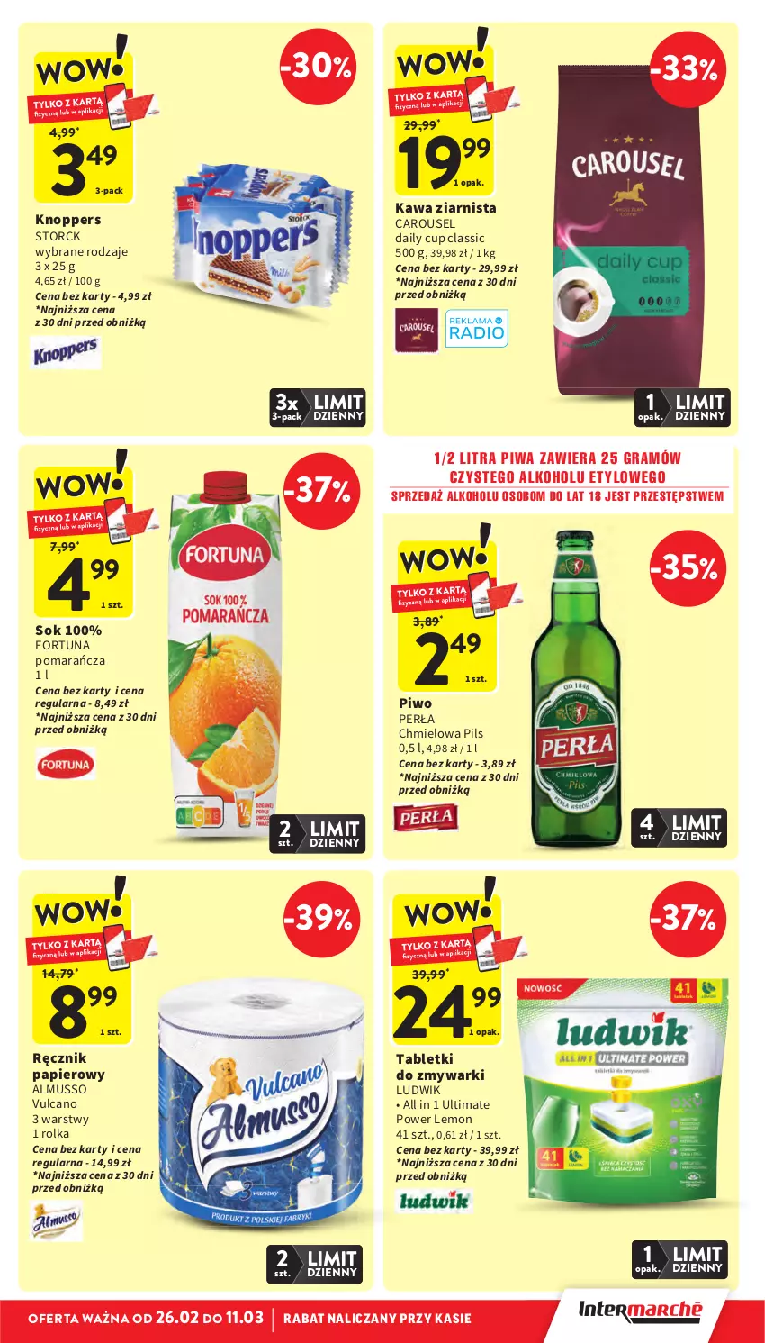 Gazetka promocyjna Intermarche - Gazetka Intermarche - ważna 26.02 do 04.03.2026 - strona 9 - produkty: Fortuna, Gra, Kawa, Kawa ziarnista, Knoppers, Ludwik, Mus, Papier, Perła, Piwa, Piwo, Ręcznik, Sok, Tablet, Tabletki do zmywarki, Zmywarki