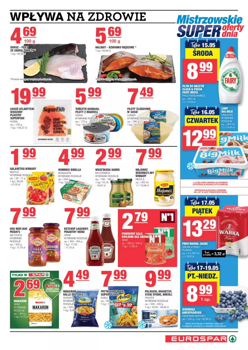 Gazetka promocyjna Spar - EuroSpar - ważna 05.05 do 15.05.2024 - strona 5 - produkty: Bell, Bella, Big Milk, Dorsz, Fa, Fairy, Frosta, Gala, Galaretka, Gra, Graal, Halibut, Heinz, Hummus, Kamis, Kawa, Ketchup, LG, Lisner, Majonez, Mięta, Mintaj, Mus, Musztarda, Patak's, Piwo, Sos, Stek, Tera, Tuńczyk, Warka, Winiary, Zdrowie