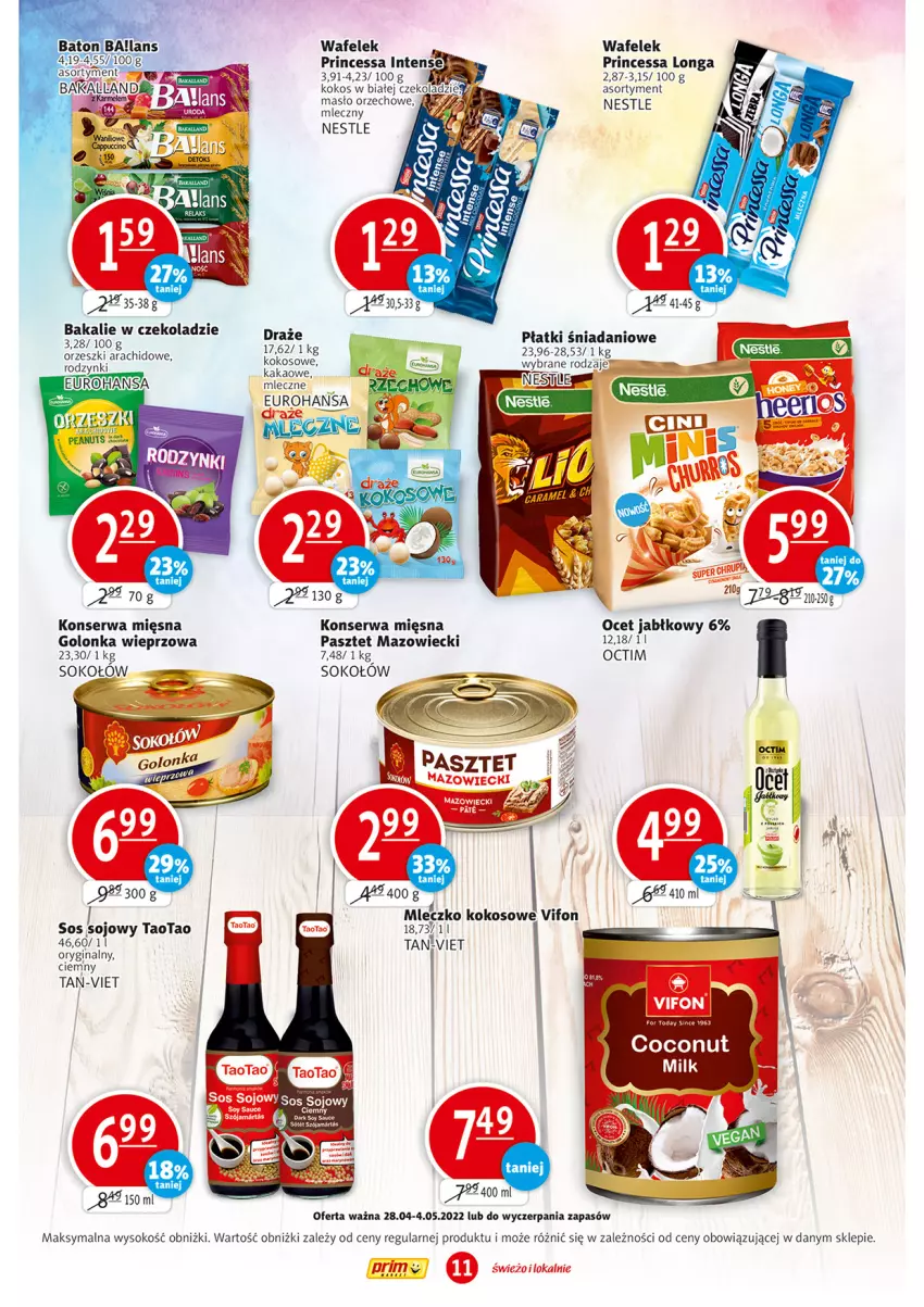 Gazetka promocyjna Prim Market - ważna 28.04 do 04.05.2022 - strona 11 - produkty: Danio, Gin, Golonka wieprzowa, Kakao, Kokos, Masło, Masło orzechowe, Mleczko, Ocet, Orzeszki, Pasztet, Princessa, Rodzynki, Ser, Sok, Sokołów, Sos, Sos sojowy, TaoTao, Wafelek