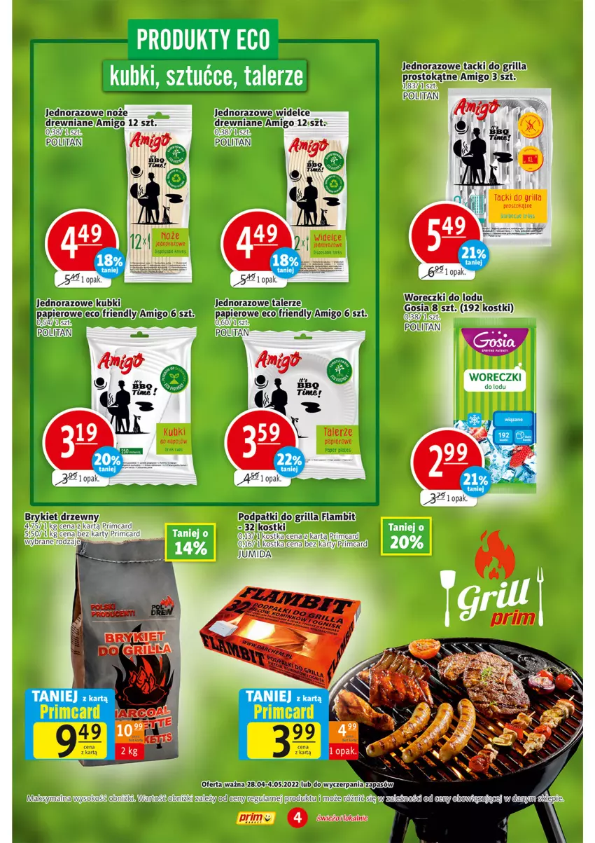 Gazetka promocyjna Prim Market - ważna 28.04 do 04.05.2022 - strona 4 - produkty: Brykiet drzewny, Grill, Noż, Papier, Sok, Talerz