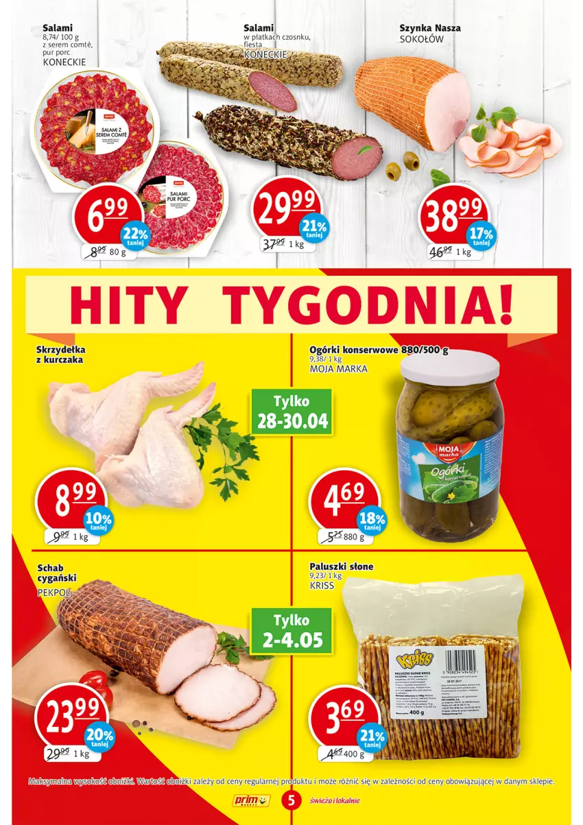 Gazetka promocyjna Prim Market - ważna 28.04 do 04.05.2022 - strona 5 - produkty: Kurczak, Ogórki konserwowe, Por, Pur, Salami, Ser, Sok, Sokołów, Szynka