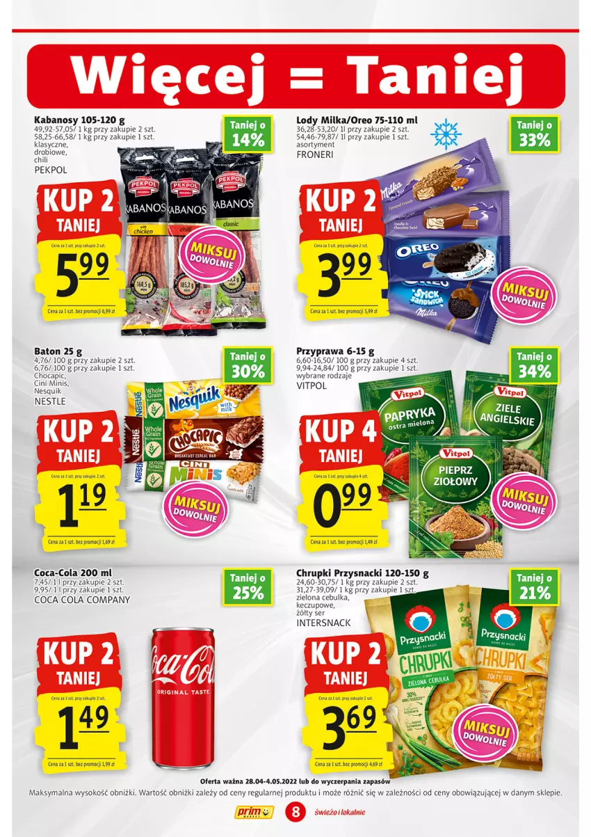 Gazetka promocyjna Prim Market - ważna 28.04 do 04.05.2022 - strona 8 - produkty: Baton, Chrupki, Cini Minis, Coca-Cola, Kabanos, Lody, Milka, Nesquik, Oreo, Pekpol, Przysnacki, Ser, Sok