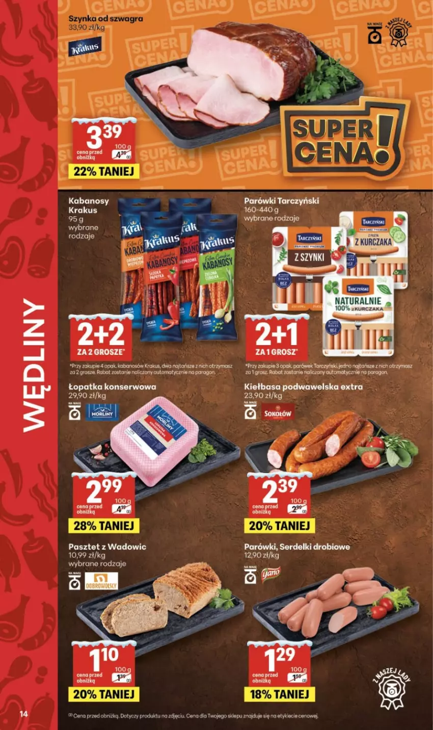Gazetka promocyjna Delikatesy Centrum - Franczyza DC03 Czwartek - ważna 15.01 do 21.01.2026 - strona 14 - produkty: Kabanos, Kiełbasa, Kiełbasa podwawelska, Krakus, Parówki, Pasztet, Por, Ser, Serdelki, Tarczyński, Wawel
