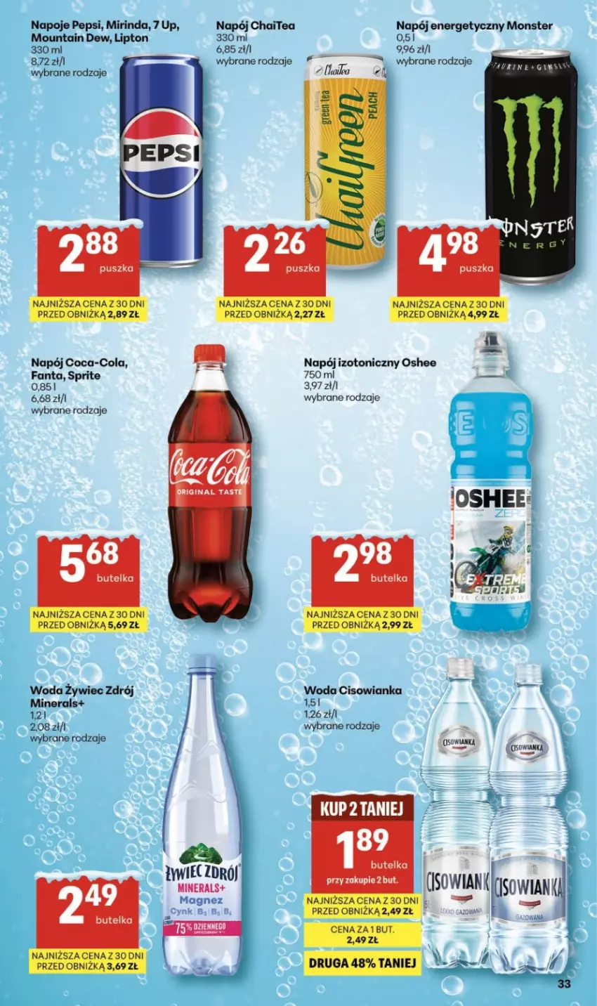 Gazetka promocyjna Delikatesy Centrum - Franczyza DC03 Czwartek - ważna 15.01 do 21.01.2026 - strona 33 - produkty: Cisowianka, Coca-Cola, Fa, Fanta, Gin, Lipton, Magnez, Mirinda, Napój, Napój energetyczny, Napój izotoniczny, Napoje, Oshee, Pepsi, Sprite, Woda
