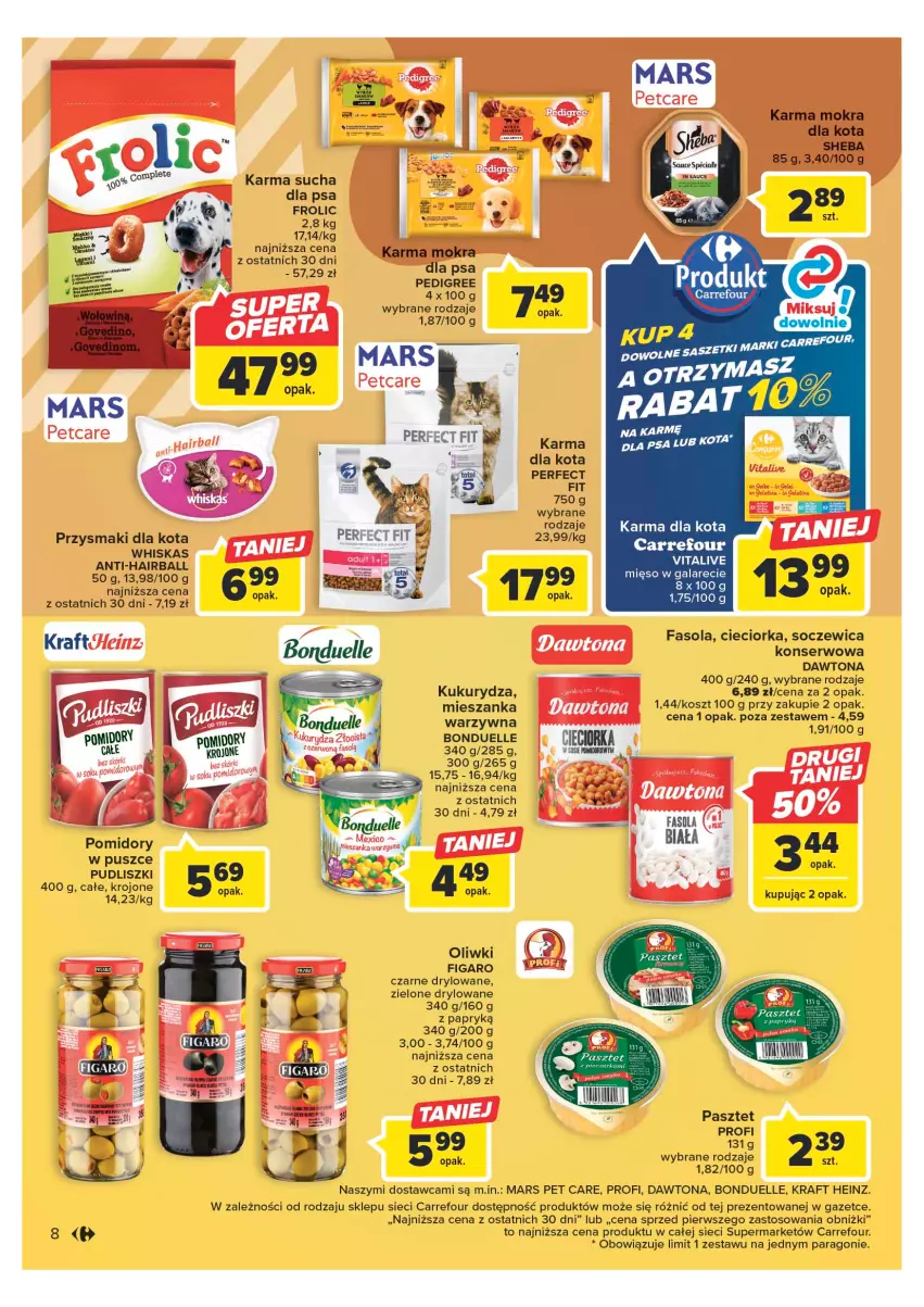 Gazetka promocyjna Carrefour - Gazetka Market - ważna 11.04 do 22.04.2023 - strona 10 - produkty: Bonduelle, Cieciorka, Dawtona, Fa, Fasola, Gala, Heinz, Kosz, Kukurydza, Mars, Mięso, Mięso w galarecie, Oliwki, Orka, Pasztet, Pedigree, Pomidory, Przysmaki, Pudliszki, Ser, Sheba, Whiskas