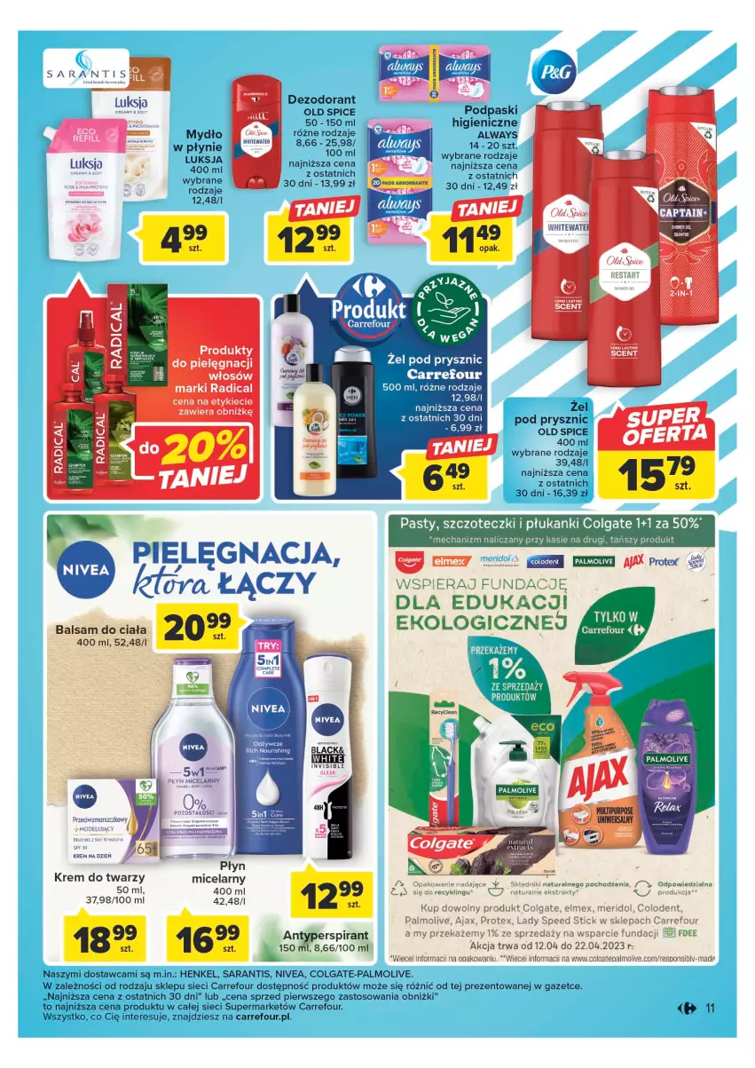 Gazetka promocyjna Carrefour - Gazetka Market - ważna 11.04 do 22.04.2023 - strona 13 - produkty: Ajax, Always, Balsam do ciała, Colgate, Dezodorant, Elmex, Krem do twarzy, Krem na dzień, Lack, Lady Speed Stick, LG, Luksja, Mydło, Nivea, Old Spice, Palmolive, Płyn micelarny, Podpaski