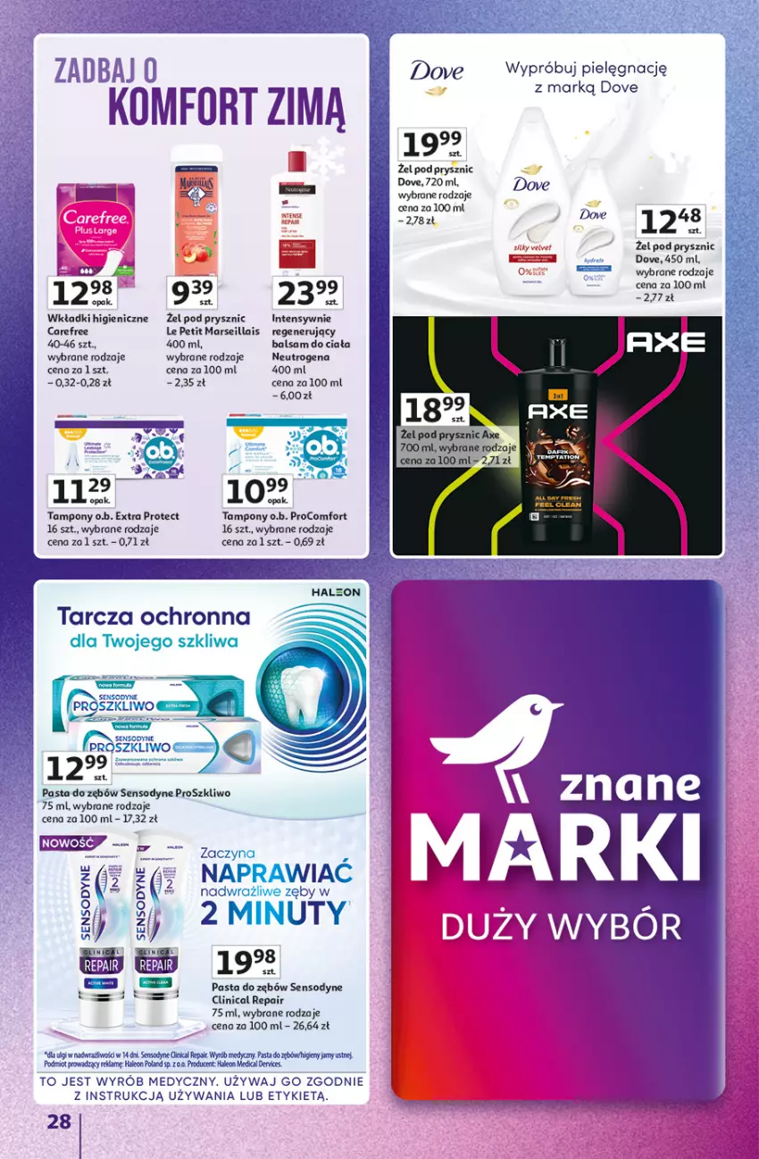 Gazetka promocyjna Auchan - Gazetka Znane Marki duży wybór Hipermarket Auchan - ważna 04.12 do 14.12.2025 - strona 28 - produkty: Balsam do ciała, Carefree, Clin, Dove, Leon, LG, Mars, Neutrogena, Nuty, O.B., Pasta do zębów, Sensodyne, Tampony, Wkładki