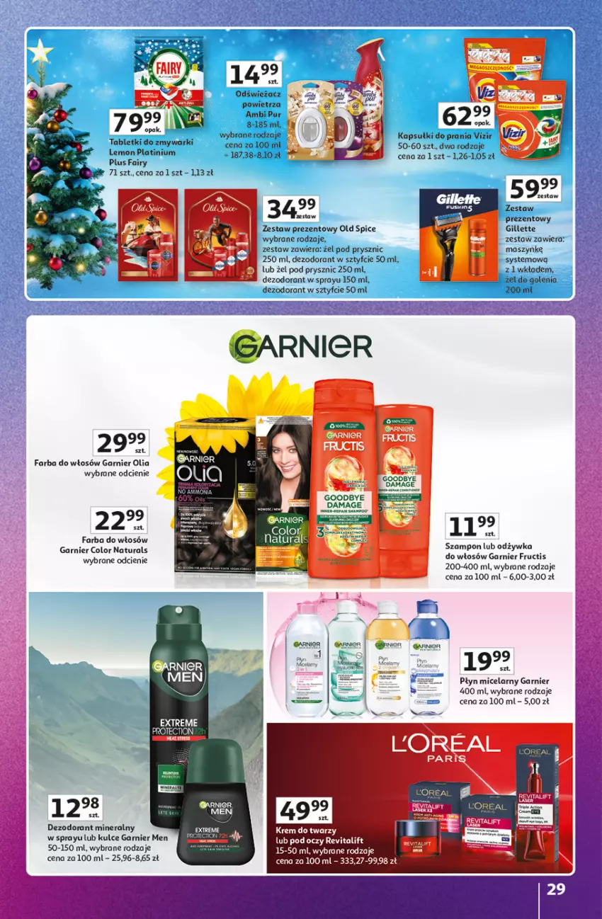 Gazetka promocyjna Auchan - Gazetka Znane Marki duży wybór Hipermarket Auchan - ważna 04.12 do 14.12.2025 - strona 29 - produkty: Ambi Pur, Dezodorant, Fa, Fairy, Farba do włosów, Fructis, Garnier, Gillette, Kapsułki do prania, Odświeżacz powietrza, Odżywka, Old Spice, Płyn micelarny, Pur, Szampon, Tablet, Tabletki do zmywarki, Vizir, Zestaw prezentowy, Zmywarki