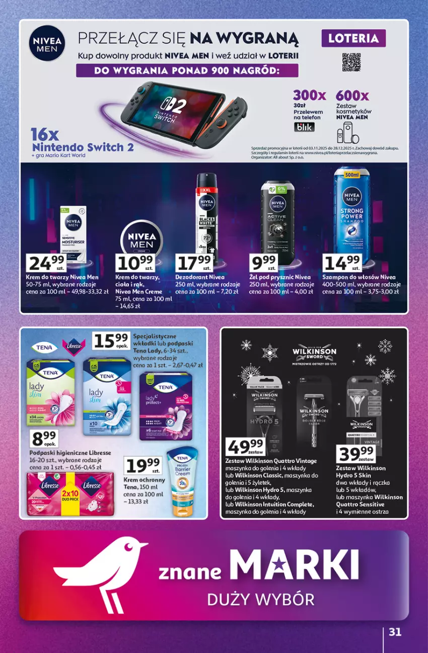 Gazetka promocyjna Auchan - Gazetka Znane Marki duży wybór Hipermarket Auchan - ważna 04.12 do 14.12.2025 - strona 31 - produkty: Dezodorant, Gra, Krem do twarzy, Maszynka, Maszynka do golenia, Nivea, Nivea Men, Podpaski, Szampon, Szynka, Telefon, Tera, Wkładki
