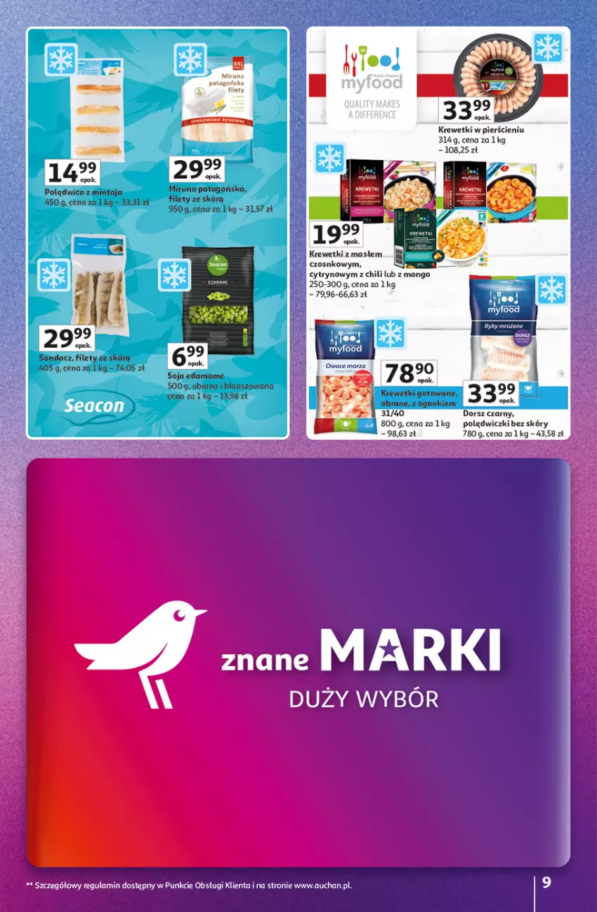 Gazetka promocyjna Auchan - Gazetka Znane Marki duży wybór Hipermarket Auchan - ważna 04.12 do 14.12.2025 - strona 9 - produkty: Dorsz, Edam, Krewetki, Mango, Mintaj, Miruna, Owoce, Owoce morza, Polędwica, Sandacz, Tago