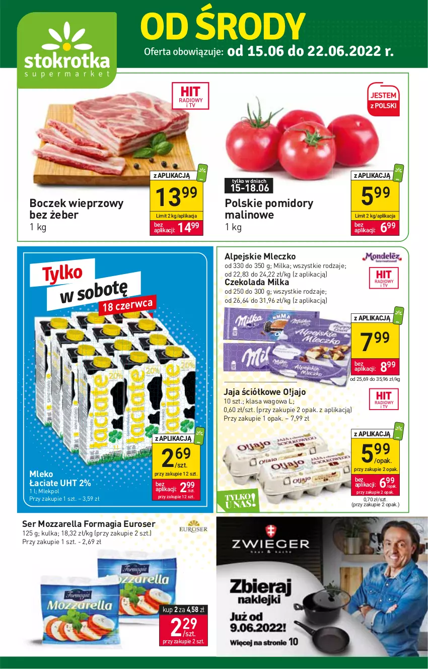 Gazetka promocyjna Stokrotka - Supermarket - ważna 15.06 do 22.06.2022 - strona 1 - produkty: Boczek, Boczek wieprzowy, Czekolada, Jaja, Milka, Mleczko, Mleko, Mozzarella, Pomidory, Ser