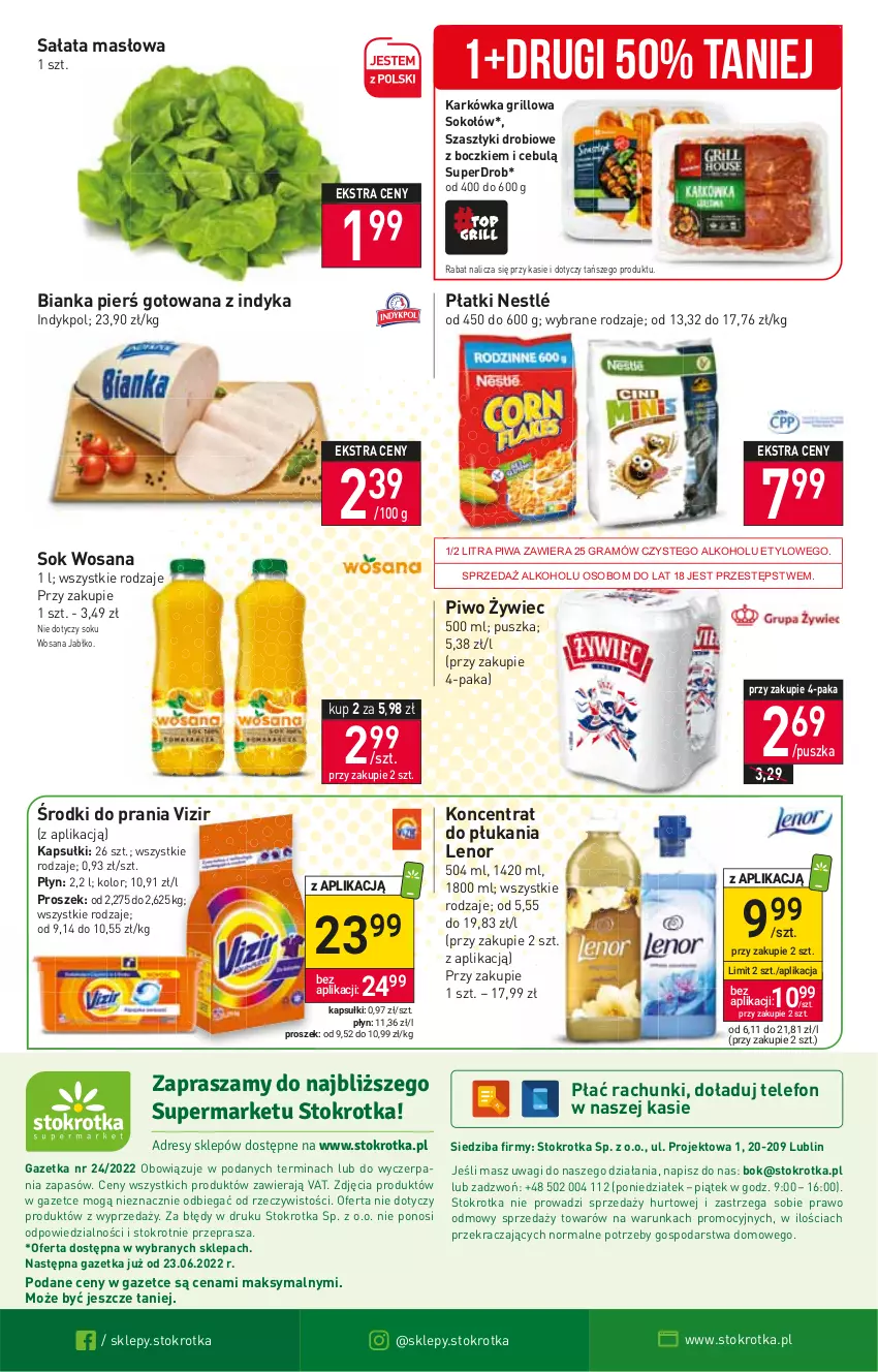 Gazetka promocyjna Stokrotka - Supermarket - ważna 15.06 do 22.06.2022 - strona 16 - produkty: Bianka, Gra, Grill, Lenor, Masło, Nestlé, O nas, Piwa, Piwo, Sałat, Sałata masłowa, Sok, Sokołów, Telefon, Vizir, Wagi, Wosana