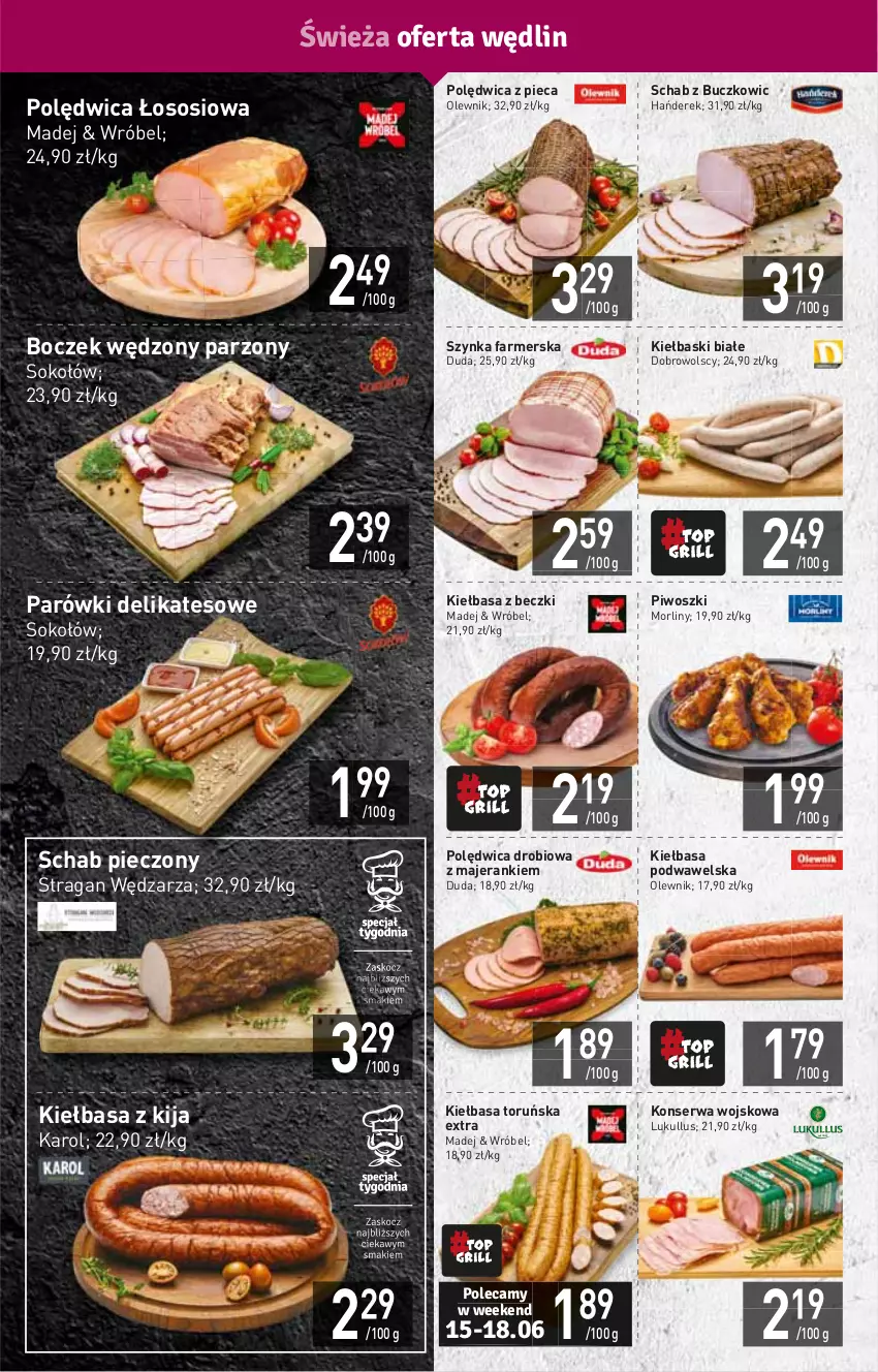 Gazetka promocyjna Stokrotka - Supermarket - ważna 15.06 do 22.06.2022 - strona 4 - produkty: Boczek, Duda, Fa, HP, Kiełbasa, Kiełbasa podwawelska, Kiełbaski białe, Morliny, Olewnik, Parówki, Piec, Piwo, Polędwica, Schab pieczony, Ser, Sok, Sokołów, Sos, Szynka, Szynka farmerska, Wawel