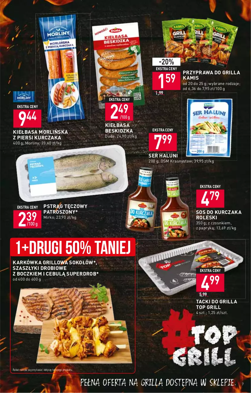 Gazetka promocyjna Stokrotka - Supermarket - ważna 15.06 do 22.06.2022 - strona 7 - produkty: Duda, Grill, Kamis, Kiełbasa, Kurczak, Morliny, Pstrąg, Pstrąg tęczowy, Ser, Sok, Sokołów, Sos, Top