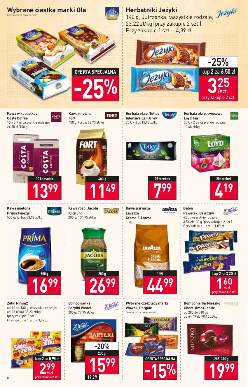 Gazetka promocyjna Stokrotka - Supermarket - ważna 15.06 do 22.06.2022 - strona 8 - produkty: Baryłki, Baton, Ciastka, Earl Grey, Herbata, Herbatniki, Jacobs, Jacobs Krönung, Jeżyki, Jutrzenka, Kawa, Kawa mielona, Kawa ziarnista, Lavazza, Loyd, Nimm2, Prima, Tetley, Torba, Wawel