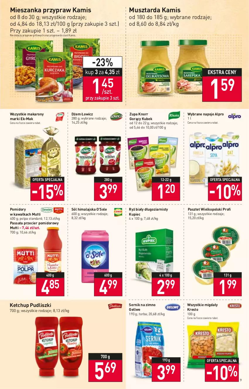 Gazetka promocyjna Stokrotka - Supermarket - ważna 15.06 do 22.06.2022 - strona 9 - produkty: Alpro, Dżem, Grill, Kamis, Kawa, Ketchup, Knorr, Kubek, Kupiec, Makaron, Migdały, Mus, Musztarda, Napoje, Pasztet, Piec, Pomidory, Pomidory w kawałkach, Pudliszki, Ryż, Ryż biały, Ser, Sól, Sól himalajska, Torba, Zupa