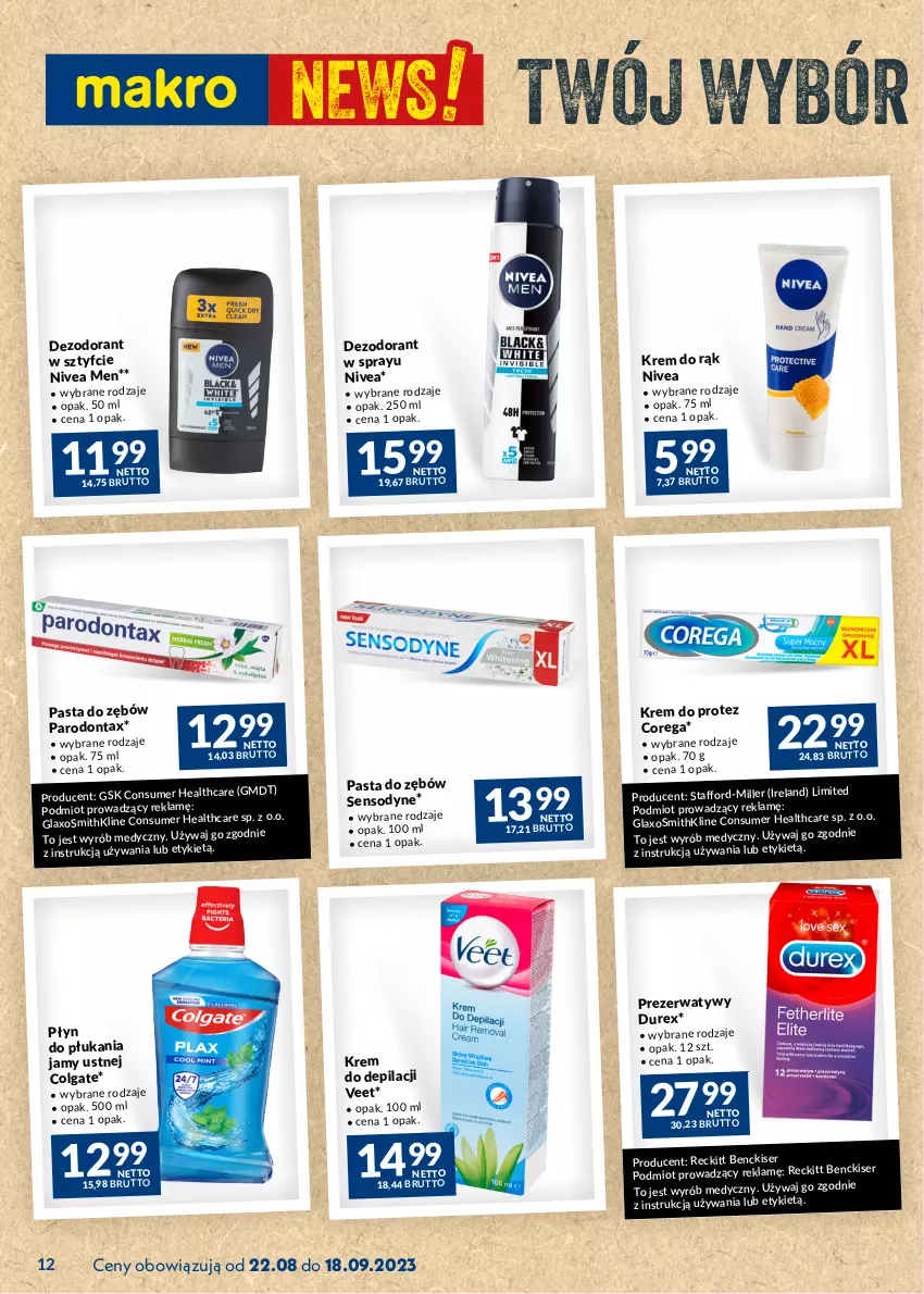 Gazetka promocyjna Makro - Najlepsze oferty - ważna 22.08 do 18.09.2023 - strona 12 - produkty: Colgate, Corega, Dezodorant, Durex, Krem do depilacji, Krem do rąk, LG, Nivea, Nivea Men, Parodontax, Pasta do zębów, Płyn do płukania, Płyn do płukania jamy ustnej, Prezerwatyw, Sensodyne, Ser, Veet