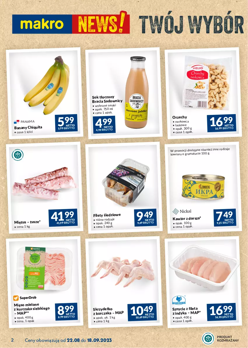 Gazetka promocyjna Makro - Najlepsze oferty - ważna 22.08 do 18.09.2023 - strona 2 - produkty: Banany, Dorsz, Gra, Kawior, Kurczak, Mięso, Mięso mielone, Miętus, Rama, Sok, Tusz