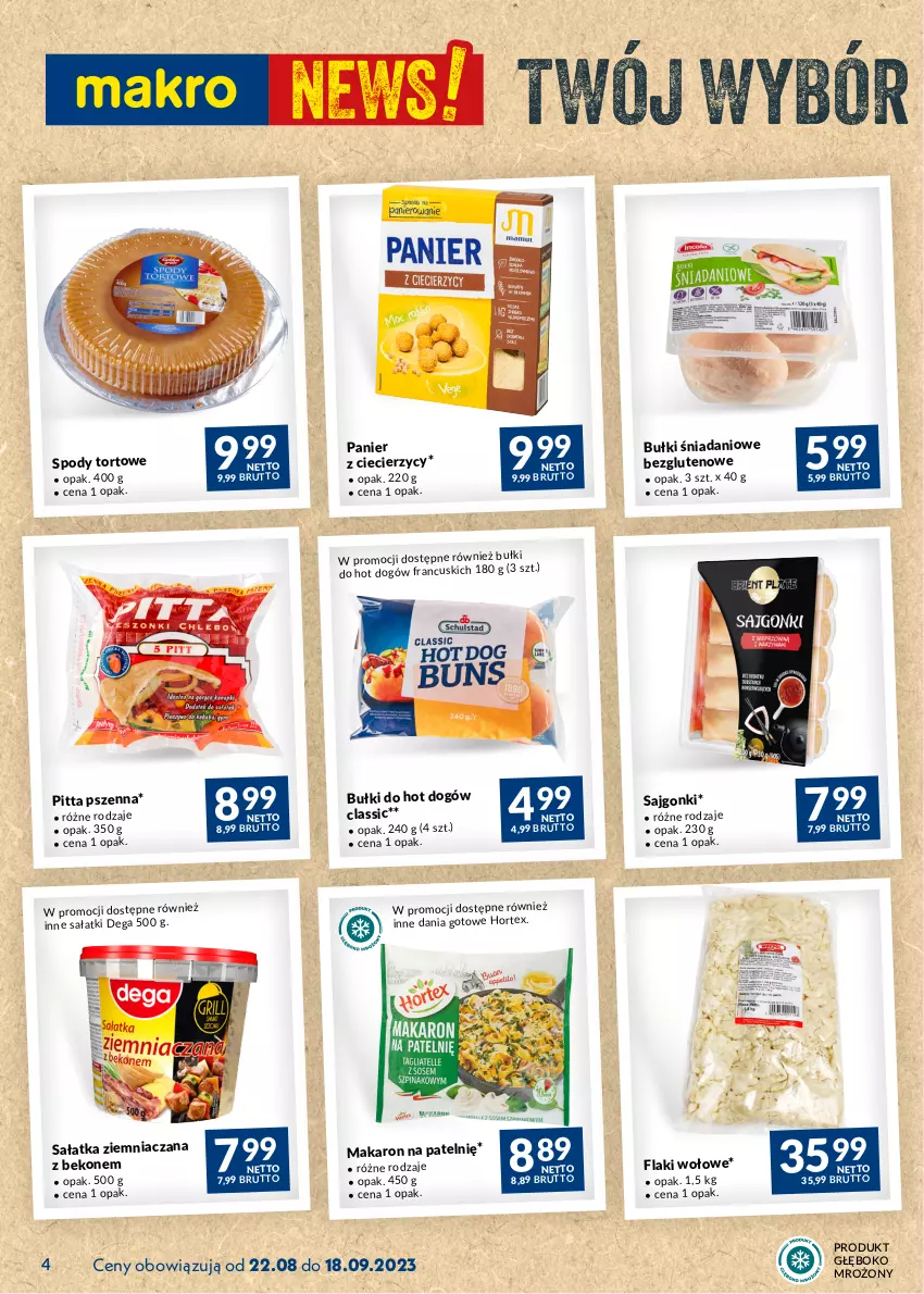 Gazetka promocyjna Makro - Najlepsze oferty - ważna 22.08 do 18.09.2023 - strona 4 - produkty: Beko, Bułki do hot dogów, Dania gotowe, Danio, Dega, Flaki, Flaki wołowe, Hortex, Hot dog, Makaron, Sajgonki, Sałat, Sałatka